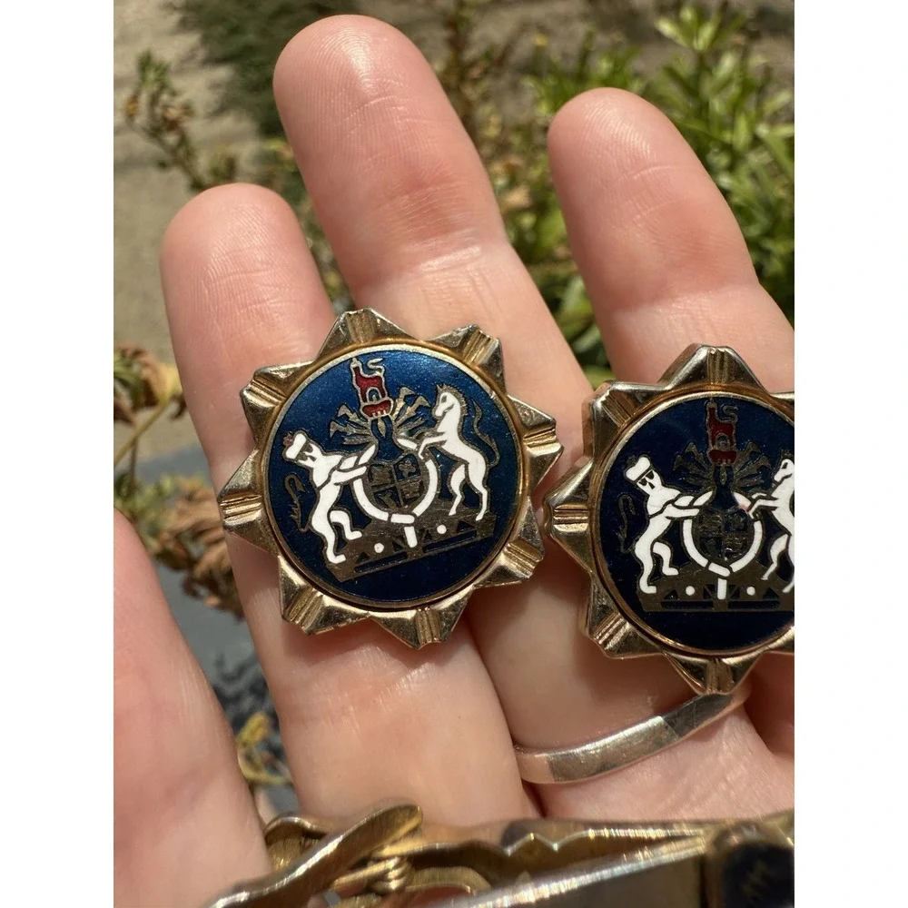 Vintage 1950s Swank Royal Crest Cufflinks & Tie Clip Crown Lion Enamel‎ Brass